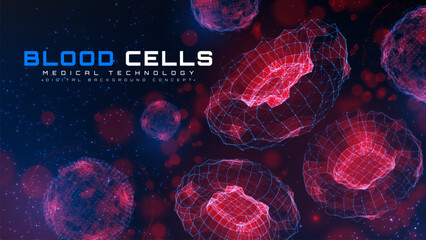 Glowing red blood cells with neon light grid on dark blue background. Medical futuristic technology abstract hematology wave. Vector illustration.