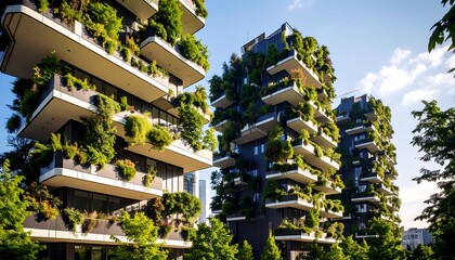 Lush vertical gardens adorn modern high-rise buildings