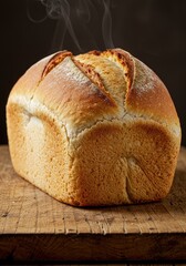 Freshly baked loaf of bread on a wooden board. Steam rises from the top