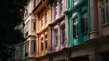 Vibrant row of colorful shop houses in a historic city district