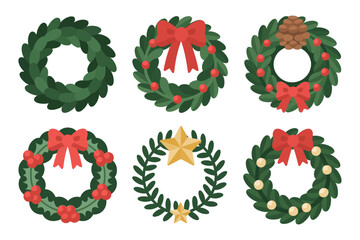 Christmas wreaths collection, holly leaves and ribbons, classic garland icons, seasonal decoration vector set © BlackVault Designs