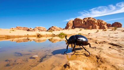 Arid landscape encounter: Majestic beetle pauses at a desert oasis in bright sunlight