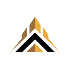 Abstract geometric logo design featuring triangular shapes and pyramid structures in gold and black on a white background for corporate identity and modern branding concepts