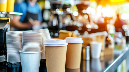 Coffee shop counter: stacks of disposable cups, ready for service
