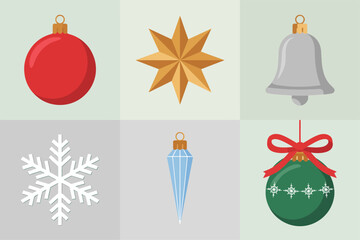 Christmas decoration blocks, red bauble golden star silver bell, snowflake and icicle accents, green ball with ribbon, festive vector icons, seasonal clipart collection