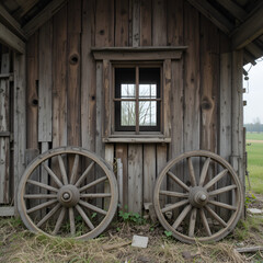 Ukraine. Rural life. A fragment of an old barn and wheels from a cart. Window in an old hut.