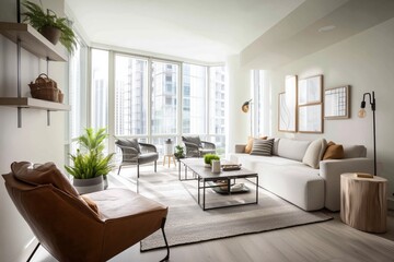 Sunny apartment showcasing expansive windows, thriving greenery, and a sleek contemporary design