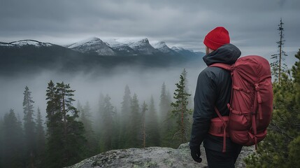 A dark landscape photograph of a hiker with his back to the camera