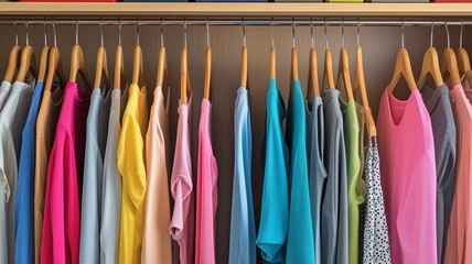 Fototapeta premium Organized closet with colorful shirts hanging neatly on hangers in a modern wardrobe