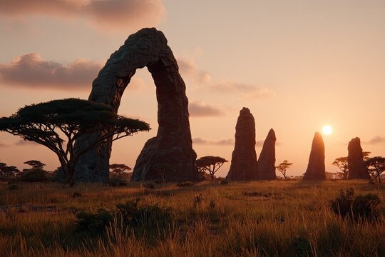 Sunrise over sculpted rock formations in savanna