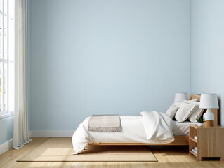 Modern minimalist bedroom interior design with light blue walls and wooden furniture creating a serene and peaceful ambiance
