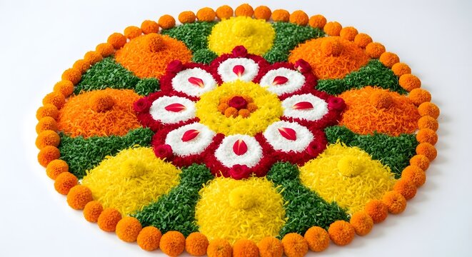 A beautiful and colorful rangoli pattern created with powdered colors and marigold flowers, celebrating the indian festival of diwali