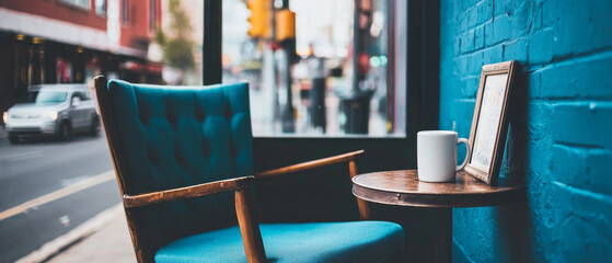 Cozy cafe corner: teal armchair, small table, coffee mug, and framed photo