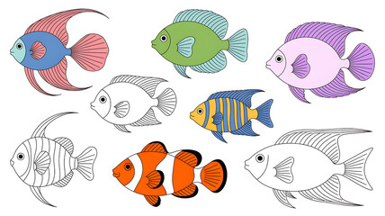 The watercolor illustration features seven tropical fish, each with a unique shape and artistic watercolor texture, on a white background, each painted in soft pastel tones, with varying fin colors.