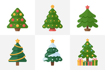 Evergreen tree pack, stylized Christmas shapes with baubles ribbon garlands, modern flat design, winter holiday vector icons, festive decoration set, party display elements