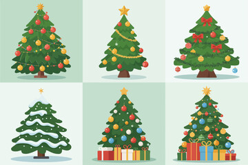 Christmas tree icons, different green styles, stars lights ornaments, snowy texture, seasonal decoration vector set, festive clipart, holiday card design elements, warm home vibe