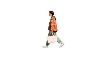 Digital nomad walking with tote bag, simple aesthetic, PNG isolated