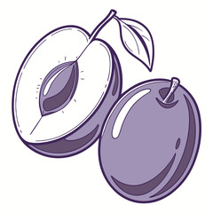 Illustration of two plums, one whole and one cut in half, showcasing its pit and leaf, in a simple and modern style