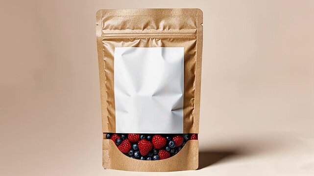 Eco-friendly kraft paper pouch filled with fresh strawberries and blueberries for sustainable food packaging in natural beige background