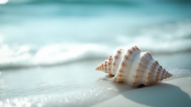 Sunlit beach with shimmering seashell on wet sand