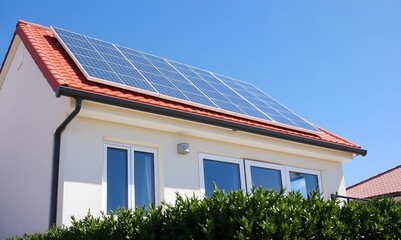 Fototapeta premium Modern home with solar panels on roof, showcasing sustainable energy and clean living under blue sky.