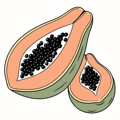 Vivid illustration featuring two halved papayas showcasing seeds and vibrant colors, perfect for healthy eating and tropical themes