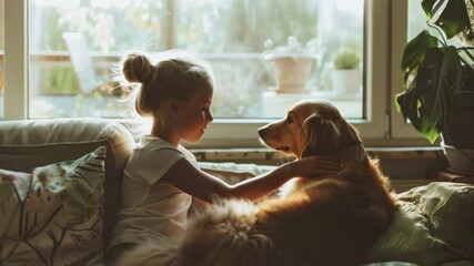 A young girl sits on a couch with her loyal canine companion, enjoying each other's company