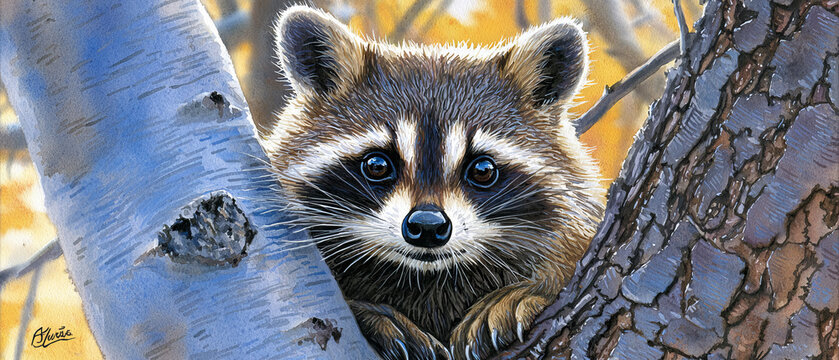 Curious raccoon peering from behind tree, autumnal background