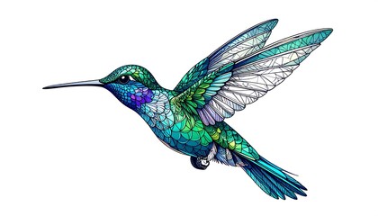 Obraz premium Hummingbird in flight, white background, detailed art