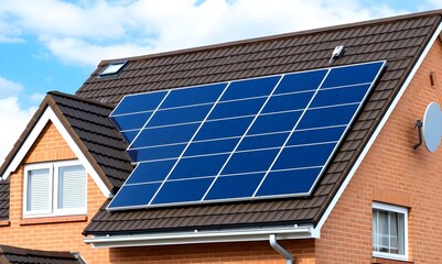 Modern home with rooftop solar panels harnessing clean energy under a bright blue sky