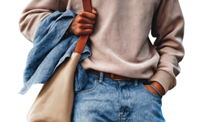 Fashionable male figure, tote bag accessory, jeans and sweatshirt, PNG isolated 