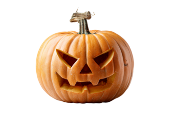 Carved Halloween pumpkin with spooky face and stem against a white background