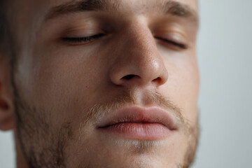 Fototapeta premium closeup portrait of young man with flared nostrils taking deep breath essence of his emotions