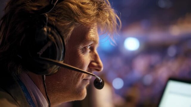 Ambient shot capturing an interpreter in a soundproof booth at a world conference headset on whispering into a sleek microphone while scanning the venue scene.