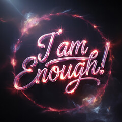 I Am Enough glowing text in cosmic nebula neon light