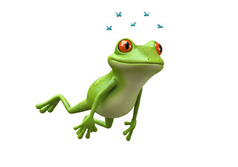 Isolated Cute 3D Cartoon Green Frog Leaping with Flies Buzzing Overhead