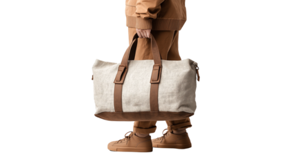 Traveler with canvas bag, minimalistic casual outfit, isolated PNG cutout
