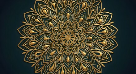Intricate golden mandala with floral patterns and intricate details, set against a dark teal background, exuding luxury and elegance