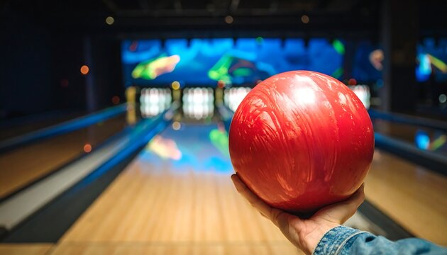 Close-up of a red bowling ball on a lane