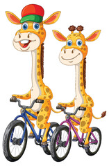 Two Cartoon Giraffes Riding Bicycles Together