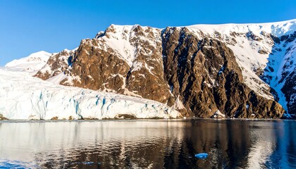 Snowy mountains reflecting in a calm bay
