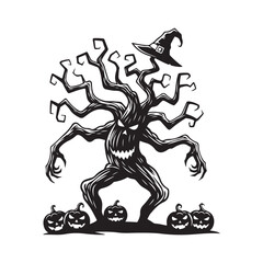 Fototapeta premium Spooky Halloween tree with witch hat and jack o lanterns