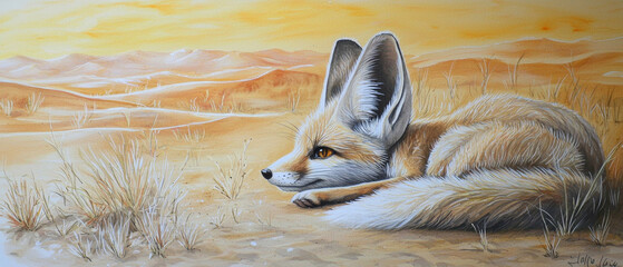 Desert fox resting in golden dunes at sunset