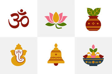 Om and lotus pack, divine symbols with bell and kalash, worship and meditation icons, vector illustration