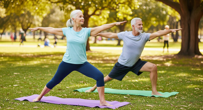 Elderly woman and elderly man doing yoga together in the park, sport and fitness of elderly people and pensioners