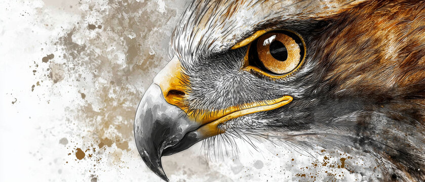 Eagle head profile, watercolor painting, sharp gaze, detailed feathers