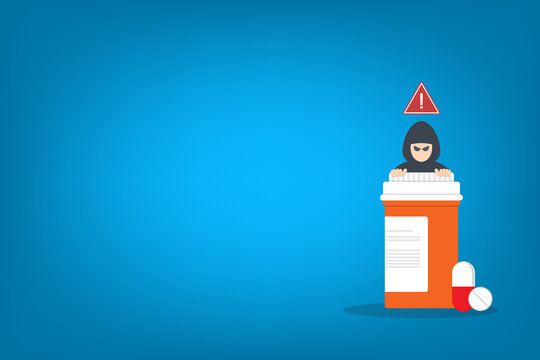 Fake medicine. Pill and tablet with criminal selling illegal drugs. Fake drugs, pharmaceutical. Symbolic for harmful counterfeit pills, risk and danger of illegal produced and sold pharmaceuticals.