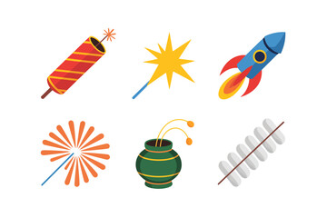 Rocket and sparkler set, firework elements with star burst, festive celebration icons, clean vector illustration