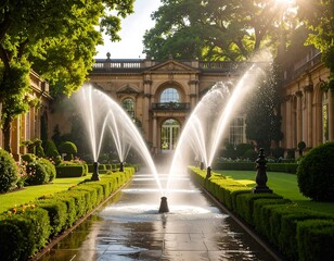 Sunlit garden with fountains