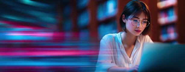 The Laptop in a Quiet Library: Focused Student Working Late at Night